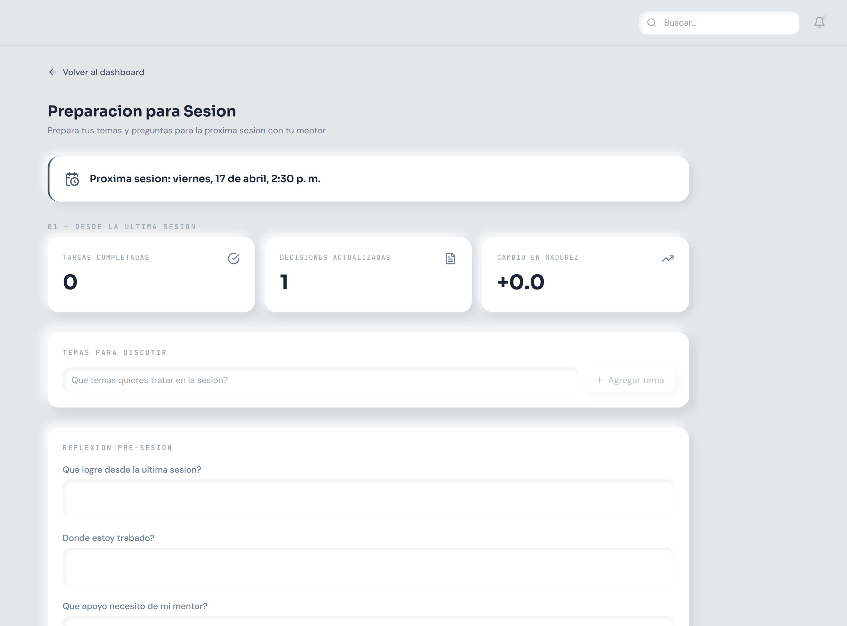 Preparación de sesión generada por IA con contexto, temas, preguntas e ideas