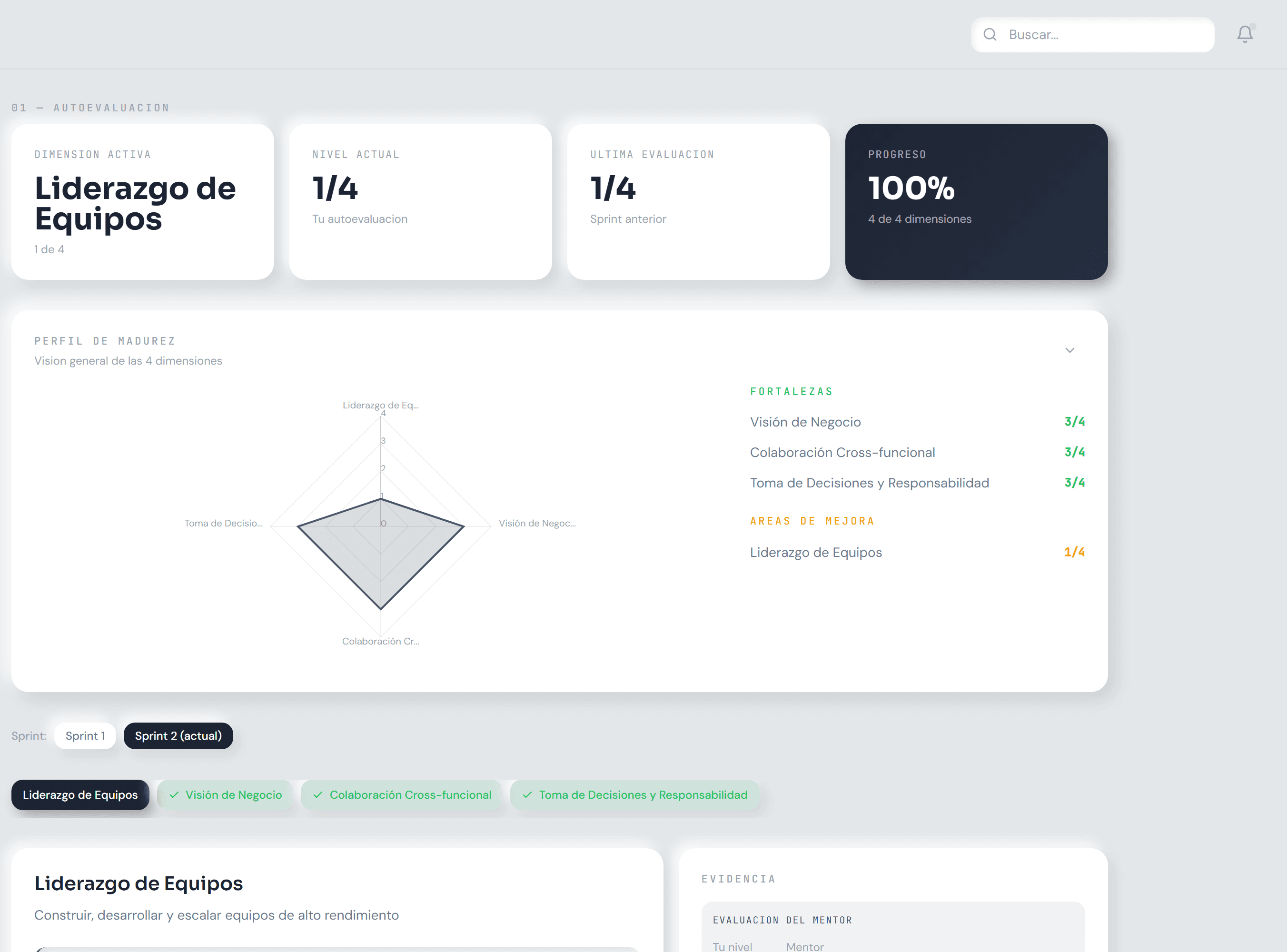 Página de autoevaluación con niveles de rúbrica detallados y ejemplos de evidencia